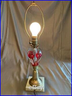 Vintage St. Clair Red Flower Glass Paperweight Lamp Marble Brass Base