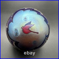 Vintage Steven Lundberg Art Glass Paperweight Red Bird Stars & Pulled Feather
