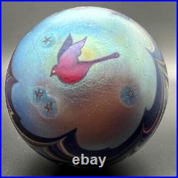 Vintage Steven Lundberg Art Glass Paperweight Red Bird Stars & Pulled Feather