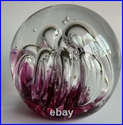 Vintage USA Artist Signed Blown Art Glass Amethyst Bubbled Paperweight