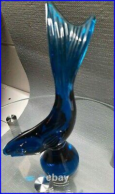 Vintage Viking Glass Bluenique Blue Flying Fish Figurine Paperweight Mid Century