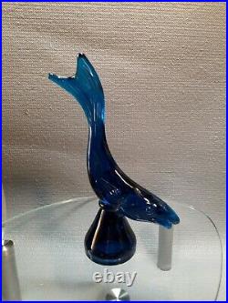 Vintage Viking Glass Bluenique Blue Flying Fish Figurine Paperweight Mid Century