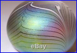 Vintage hand blown aurene iridescent studio art glass pulled feather paperweight