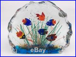 Vntg MURANO Art Glass Fish Aquarium Block Paperweight Sculpture Original Label