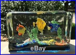 Vntg Murano Art Glass Aquarium Paperweight 3 Fish Aventurine Mid Century Modern