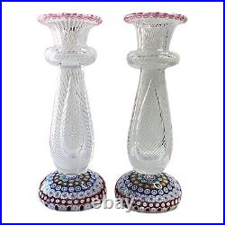 Vntg Pair St. Louis Glass Lattacino & Millefoiroi Cane Paperweight Candlesticks