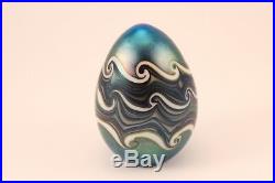 Vtg 1977 Orient & Flume Art Glass Iridescent Blue Wave Swirls Egg Paperweight