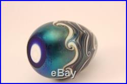 Vtg 1977 Orient & Flume Art Glass Iridescent Blue Wave Swirls Egg Paperweight