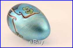 Vtg 1978 Orient & Flume Art Glass Iridescent Blue & Flowers 3.5 Egg Paperweight