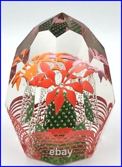 Vtg Bohemian Czech Glass Faceted Handblown Paperweight withRed Pink Orange Flowers