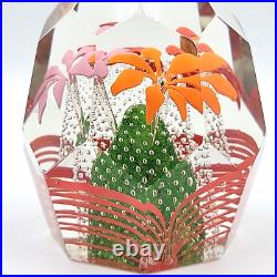 Vtg Bohemian Czech Glass Faceted Handblown Paperweight withRed Pink Orange Flowers