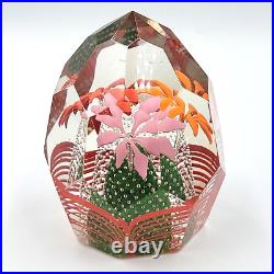 Vtg Bohemian Czech Glass Faceted Handblown Paperweight withRed Pink Orange Flowers