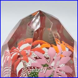 Vtg Bohemian Czech Glass Faceted Handblown Paperweight withRed Pink Orange Flowers