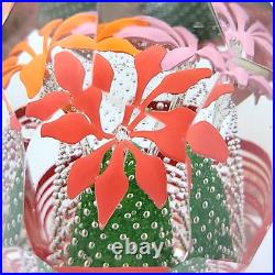 Vtg Bohemian Czech Glass Faceted Handblown Paperweight withRed Pink Orange Flowers