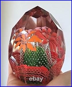 Vtg Bohemian Czech Glass Faceted Handblown Paperweight withRed Pink Orange Flowers