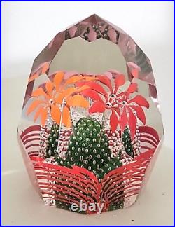 Vtg Bohemian Czech Glass Faceted Handblown Paperweight withRed Pink Orange Flowers