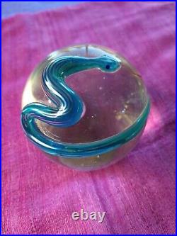 Vtg Correia Art Glass Paperweight Turquoise Snake On Some Iridescent Yellow