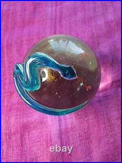 Vtg Correia Art Glass Paperweight Turquoise Snake On Some Iridescent Yellow