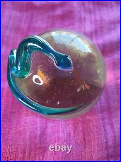 Vtg Correia Art Glass Paperweight Turquoise Snake On Some Iridescent Yellow