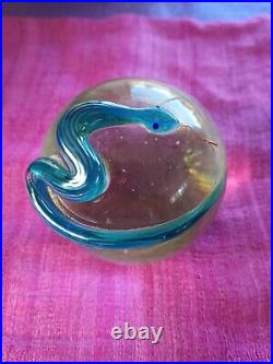 Vtg Correia Art Glass Paperweight Turquoise Snake On Some Iridescent Yellow