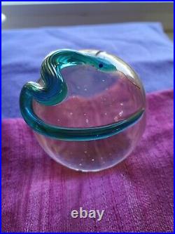 Vtg Correia Art Glass Paperweight Turquoise Snake On Some Iridescent Yellow