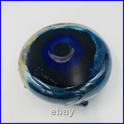 Vtg D Sweaney Art Glass Paperweight Iridescent with Blue threading 1983 Organic