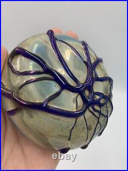 Vtg D Sweaney Art Glass Paperweight Iridescent with Blue threading 1983 Organic