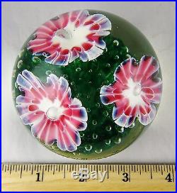 Vtg Glass Paperweight Three Pink Trumpet Flowers on Controlled Bubble Ground