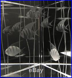 Vtg KOSTA LINDSTRAND Prism Etched Art Glass Paperweight Mid Century Signed Fish