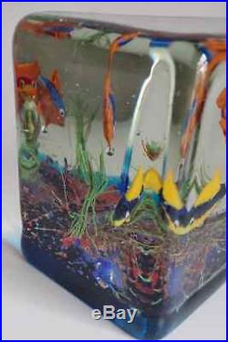 Vtg Mid Century 5 1/2 Murano Art Glass Fish Aquarium Block Paperweight Sculpture