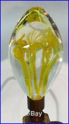 Vtg Mid Century Pair St. Clair Paperweight Yellow White Table Lamps & Finials