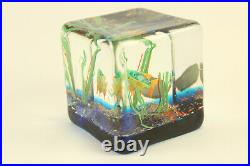 Vtg Murano Art Glass Fish Aquarium Tank Block Cube Italy Paperweight with Sticker