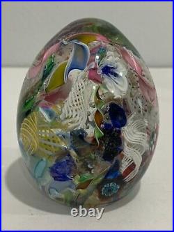 Vtg Murano Italian Glass Egg Form Paperweight with Sticker Latticino Ribbon Floral