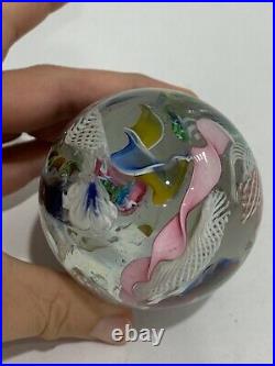Vtg Murano Italian Glass Egg Form Paperweight with Sticker Latticino Ribbon Floral
