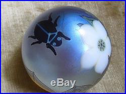 Vtg. ORIENT AND FLUME SCARAB/FLOWERS PAPERWEIGHT Iridescent Aqua Base, 3, 1978