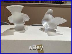 Vtg Pr Signed Lalique France Cristal Sparrow Bird Figurines Paperweight 2
