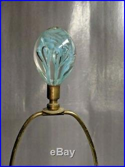 Vtg St. Clair Blue Trumpet Flower Paperweight Art Glass Table Lamp withFinial