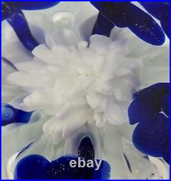 Vtg St Clair Blue & White Trumpet Flowers Controlled Bubble Glass Paperweight