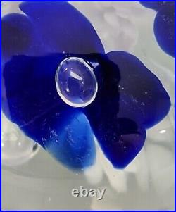 Vtg St Clair Blue & White Trumpet Flowers Controlled Bubble Glass Paperweight