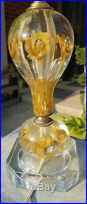 Vtg St. Clair Yellow Flower Paperweight Art Glass Table Lamp withFinial MCM Lamp 2