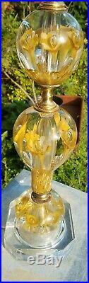 Vtg St. Clair Yellow Flower Paperweight Art Glass Table Lamp withFinial MCM Lamp 3