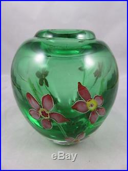 Vtg Studio Art Glass Paperweight Vase Green w Red Flowers Orient & Flume