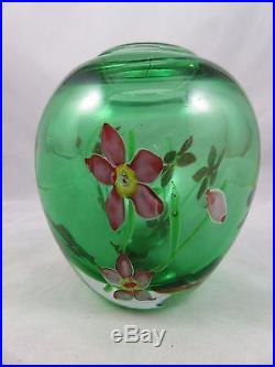 Vtg Studio Art Glass Paperweight Vase Green w Red Flowers Orient & Flume