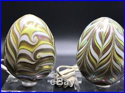 Vtg VANDERMARK Iridescent Pulled Feather Swirl Art Glass Egg Lights Relist