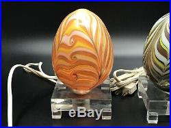 Vtg VANDERMARK Iridescent Pulled Feather Swirl Art Glass Egg Lights Relist