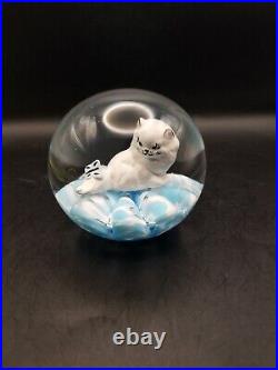 Vtg prestige art glass sulphide cat with butterfly paperweight