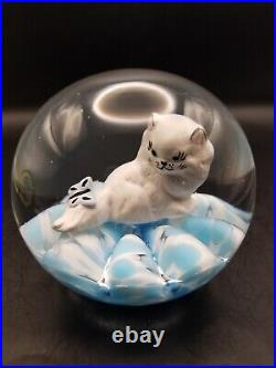 Vtg prestige art glass sulphide cat with butterfly paperweight