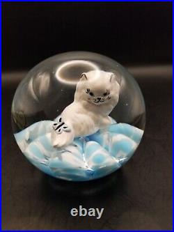 Vtg prestige art glass sulphide cat with butterfly paperweight