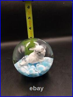 Vtg prestige art glass sulphide cat with butterfly paperweight