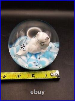 Vtg prestige art glass sulphide cat with butterfly paperweight